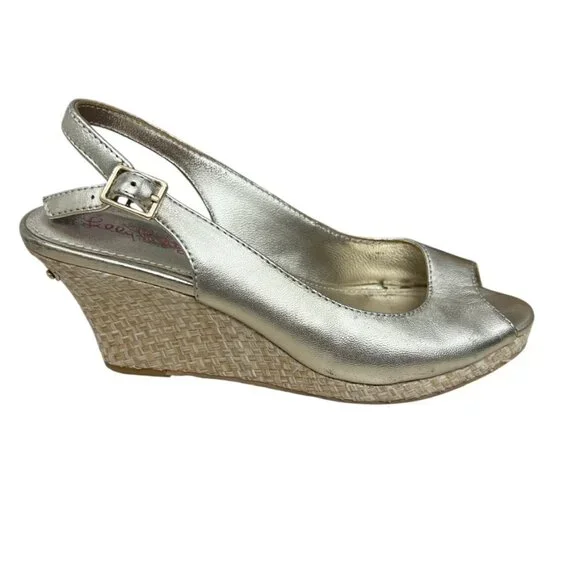 Lilly Pulitzer Gigi Leather Slingback Open Toe Gold Wedge Sandals Women's Sz 7. - Picture 2 of 14